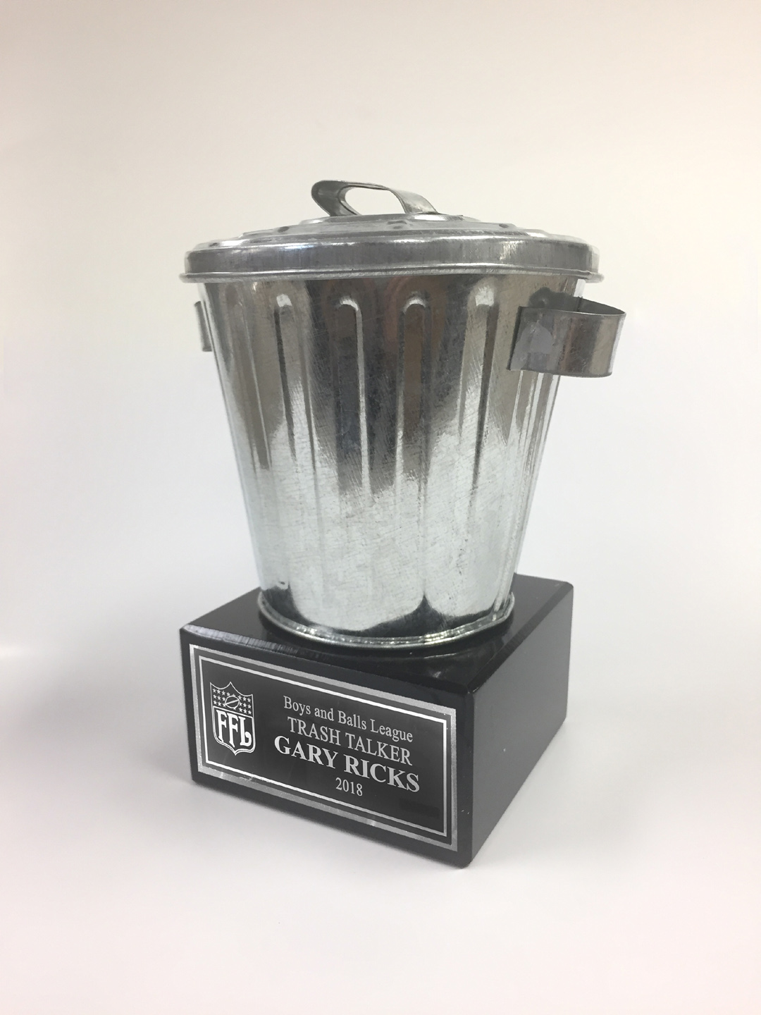 6 1/4 Tall Trash Can Trophy on Black Base - Fantasy Trophy Store